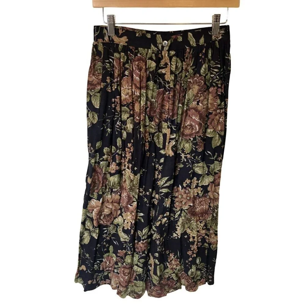 Vintage Floral Pleated Midi Skirt Womens 9/10 Cottagecore Fairycore Fairy Grunge
